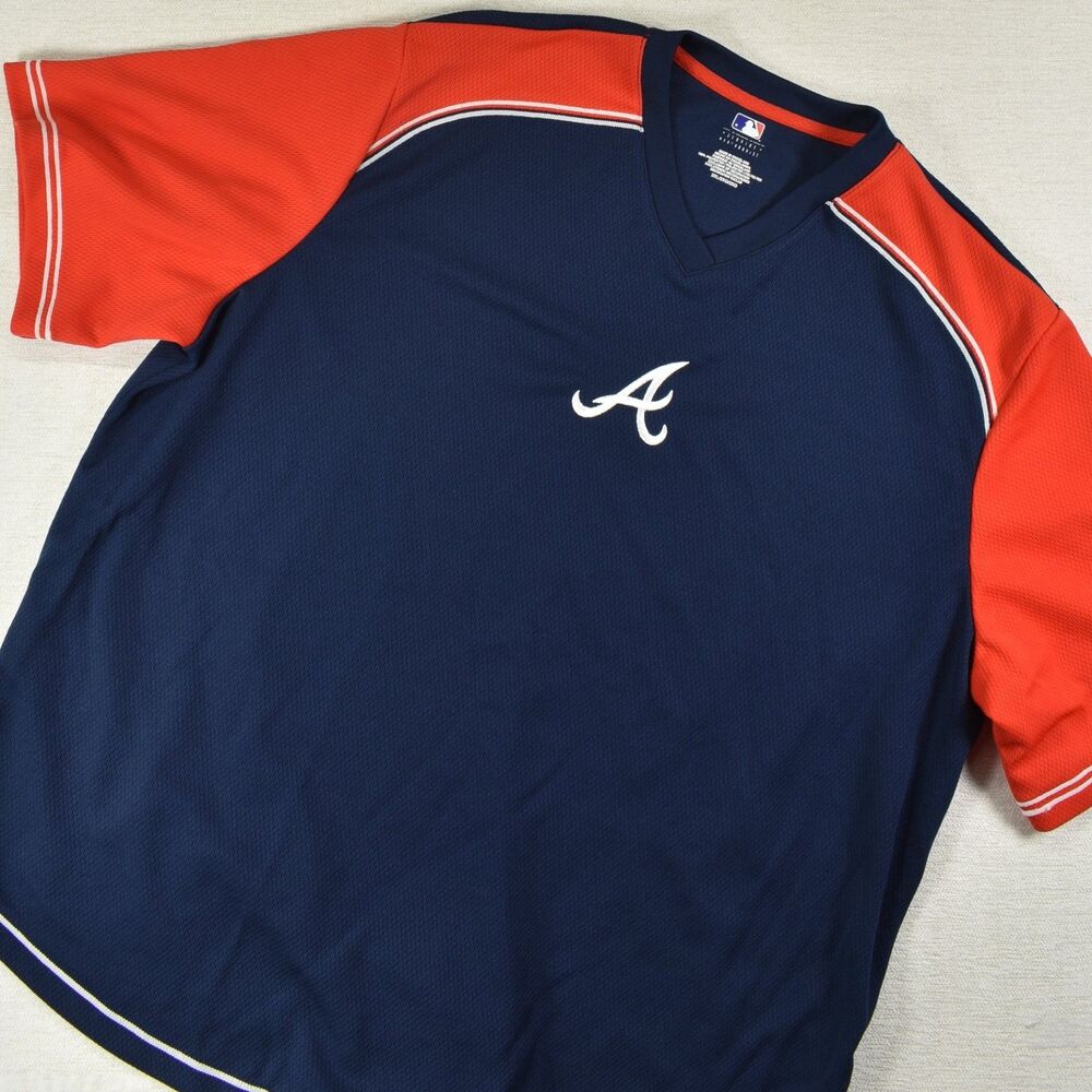 MLB Atlanta Braves Jersey Shirt Mens 2XL Navy Blue Red V-Neck Batting Practice